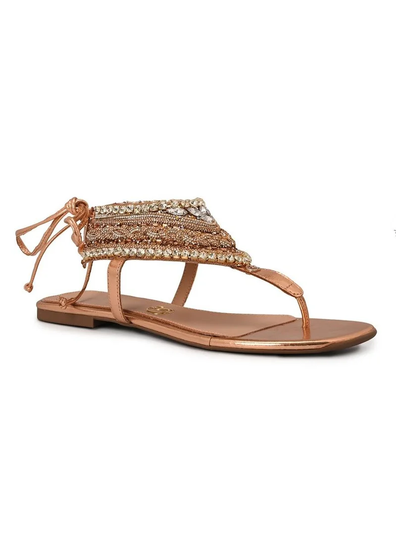 Flat Sandal Rose Gold with Handcrafted Beaded Embroidery