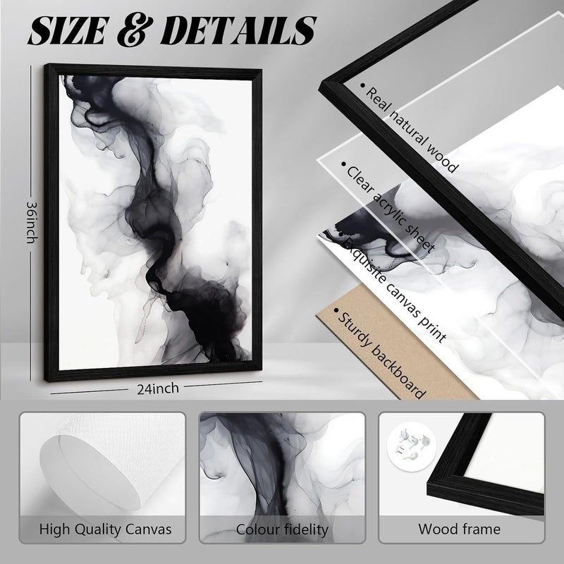 Joocrise Black White Abstract Wall Art Decor Set of 3 Modern Wall Art Minimalist Canvas Wall Decor Black White Abstract Prints Modern Pictures Minimalist Artwork for Room Bedroom 24x36 Inch Framed - Image 2