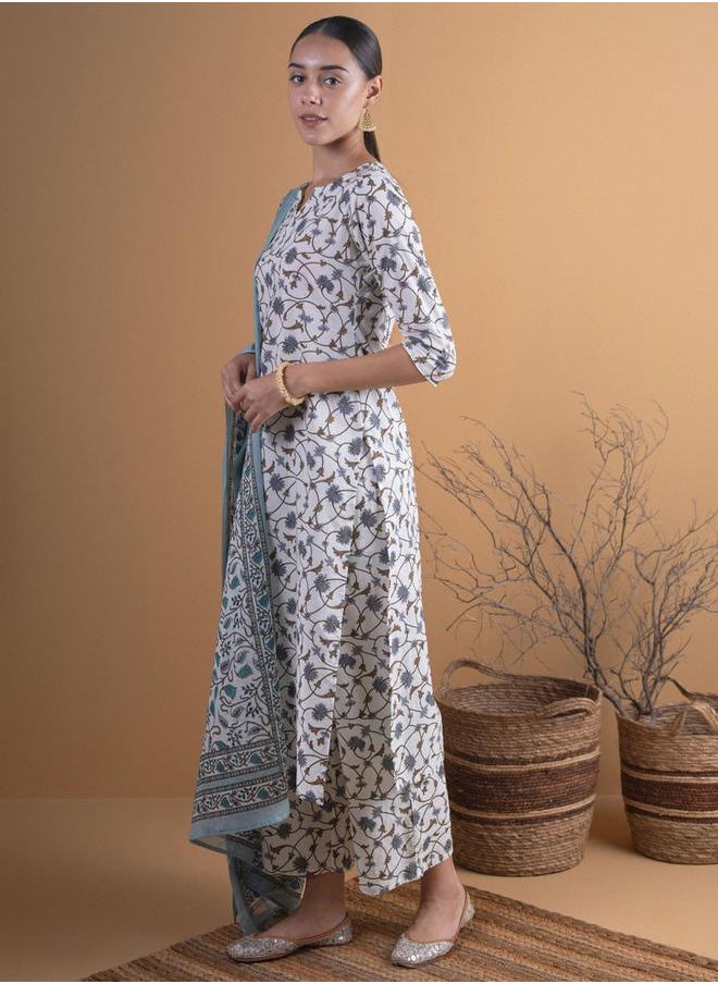 Libas - Printed Straight Kurta with Palazzo and Cotton Printed Dupatta Set by Styli - Image 1