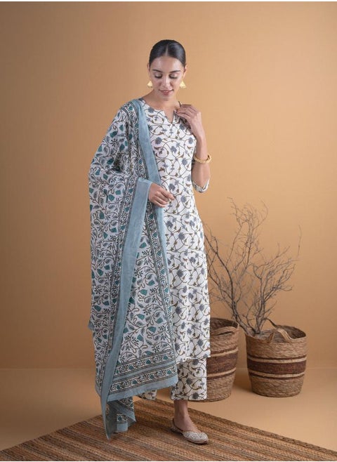 Printed Straight Kurta with Palazzo and Cotton Printed Dupatta Set by Styli