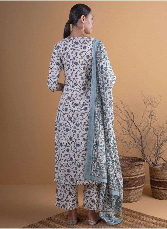 Libas - Printed Straight Kurta with Palazzo and Cotton Printed Dupatta Set by Styli - Image 1
