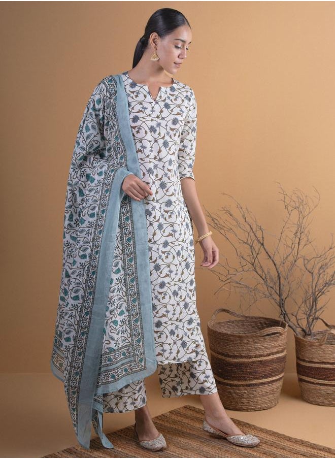Libas - Printed Straight Kurta with Palazzo and Cotton Printed Dupatta Set by Styli - Image 1