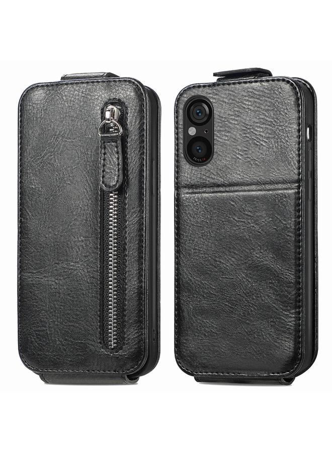 جرين تايجر جراب هاتف جلدي بسحاب قابل للطي عمودي لهاتف Sony Xperia 5 V (أسود)