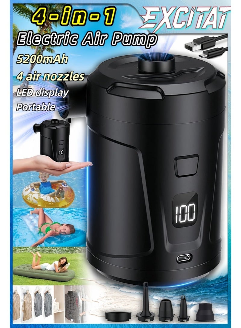 excitat Electric Air Pump, 5200mAh, 4300Pa, Portable Air Mattress Pump Rechargeable Mini Inflator Air Pump for Pool Floats, Inflatables, Boat, Pool Toys, Travel Outdoor Camping with 4 Nozzles - Image 1