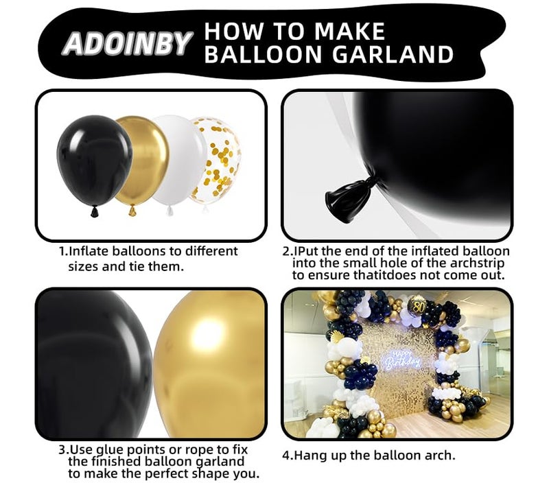ADOINBY Black and Gold Balloon Arch Kit, ADOINBY 140Pcs Black White Metallic Gold Confetti Latex Balloons 18 12 10 5 Inch Different Size Balloons for Birthday Anniversary Graduation Wedding Party Decorations - Image 3