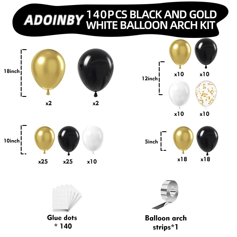 ADOINBY Black and Gold Balloon Arch Kit, ADOINBY 140Pcs Black White Metallic Gold Confetti Latex Balloons 18 12 10 5 Inch Different Size Balloons for Birthday Anniversary Graduation Wedding Party Decorations - Image 2