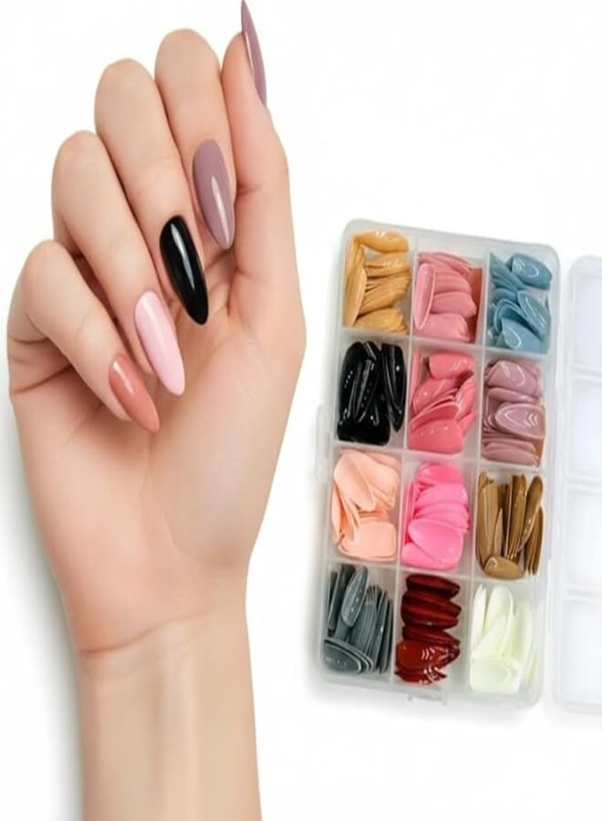288pc Colored Stiletto False Nails Full Cover Soft Gel Acrylic Tips Pointy Fake Nail Artificial Fingernails Manicure Designs Decor for Women Girls Home Salon DIY. (12 COLOR-) - OVAL SHAPE-N3