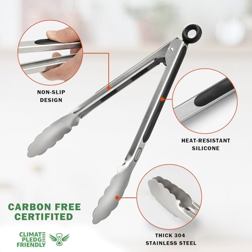 TACGEA Stainless Steel Kitchen Tongs, Silicone Non-slip Grip, Locking Grilling Food Tongs Set of 2, 9-inch & 12-inch - Image 5