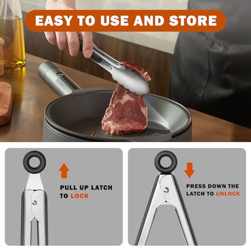 TACGEA Stainless Steel Kitchen Tongs, Silicone Non-slip Grip, Locking Grilling Food Tongs Set of 2, 9-inch & 12-inch - Image 3
