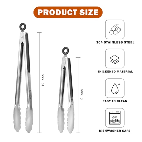 TACGEA Stainless Steel Kitchen Tongs, Silicone Non-slip Grip, Locking Grilling Food Tongs Set of 2, 9-inch & 12-inch - Image 2