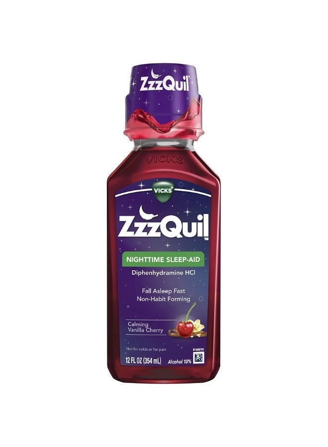 ZzzQuil سائل مساعد النوم الليلي، 50 ملغ ديفينهيدرامين هيدروكلوريد، العلامة التجارية رقم 1 لمساعد النوم، النوم بسرعة، غير مسبب للإدمان، فانيليا الكرز المهدئة، 12 أونصة سائلة - Image 1