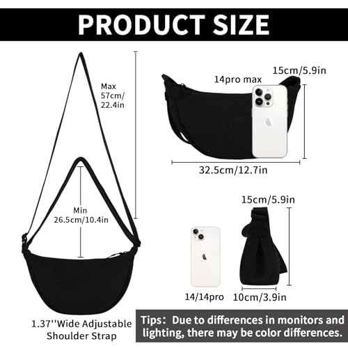 EVGLOW Corduroy Crescent Crossbody Bag for Women Men,Trendy Small Hobo Sling Bag Half Moon Shoulder Pouch,Round Lightweight Waist Fanny Pack with Zipper Adjustable Strap for Travel Everyday Use(Small Black) - Image 2