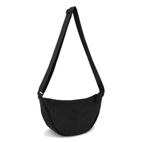 EVGLOW Corduroy Crescent Crossbody Bag for Women Men,Trendy Small Hobo Sling Bag Half Moon Shoulder Pouch,Round Lightweight Waist Fanny Pack with Zipper Adjustable Strap for Travel Everyday Use(Small Black) - Image 1