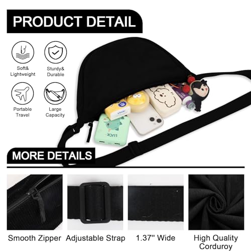 EVGLOW Corduroy Crescent Crossbody Bag for Women Men,Trendy Small Hobo Sling Bag Half Moon Shoulder Pouch,Round Lightweight Waist Fanny Pack with Zipper Adjustable Strap for Travel Everyday Use(Small Black) - Image 3