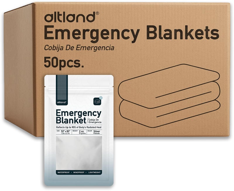 Altland 50 Pack of Emergency Blankets - Individually Packaged Silver Mylar Blankets - Image 1
