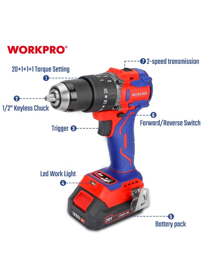 WORKPRO 20V BRUSHLESS IMPACT DRILL SET - Image 2