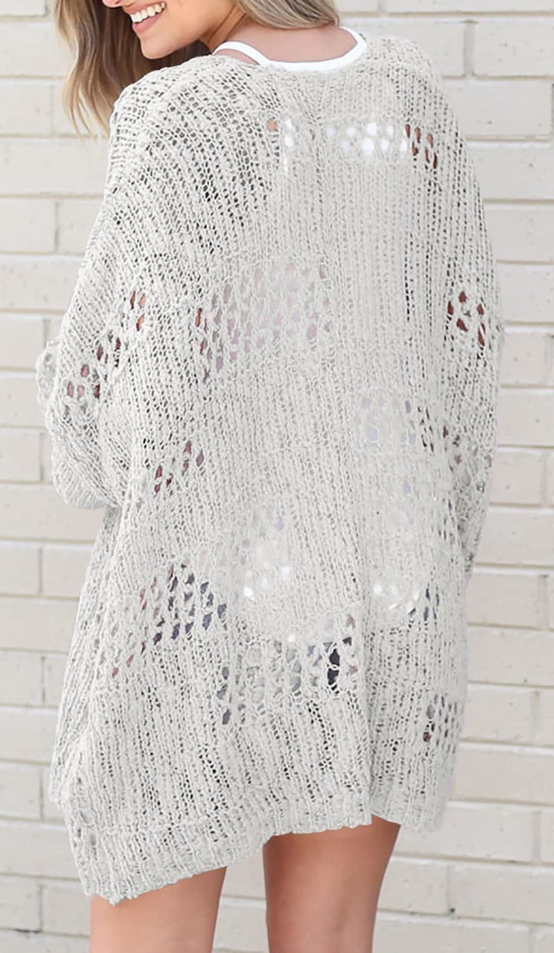 Ermonn Womens Crochet Cardigan Sweater Kimonos Boho Solid Color Oversized Spring Open Front Outwear - Image 3