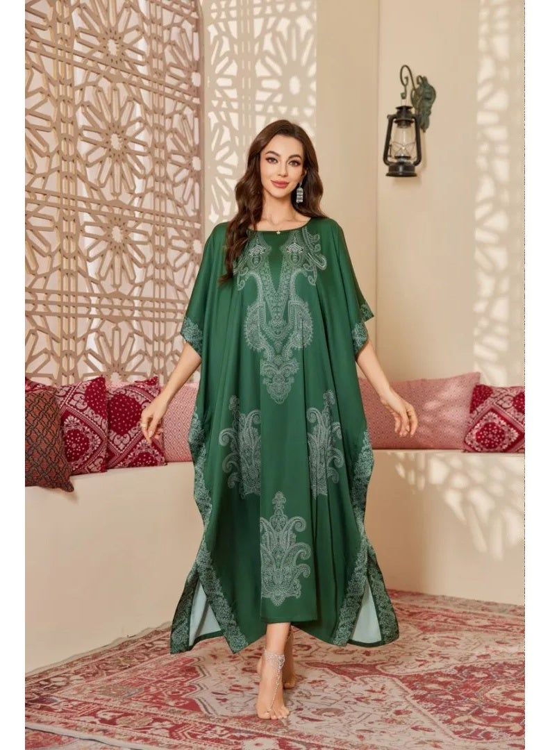 Closme Women's Emerald Green Paisley Print Kaftan – Loose Batwing Sleeve Abaya for Daily Wear - Image 1