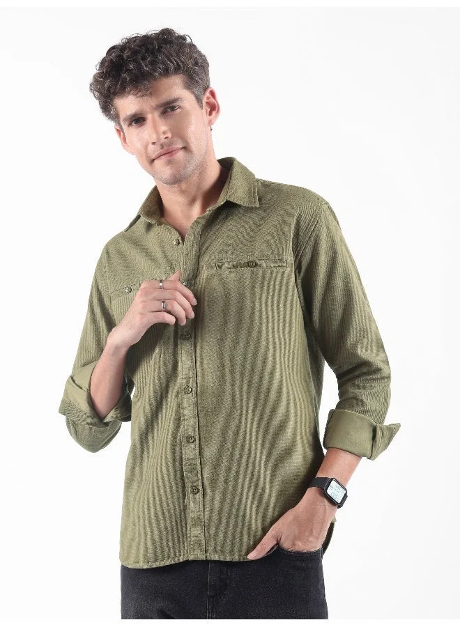 Beyoung Pale Olive Welt Pocketed Shirt