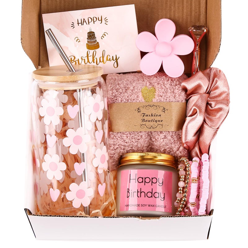 DHQH Birthday Gifts for Teen, Cute Inspirational Gift Daisy Presents Set Ideas for Sister Daughter Friends, Happy Birthday Gift Basket with Ice Glass Cup for Her (Pink) - Image 1