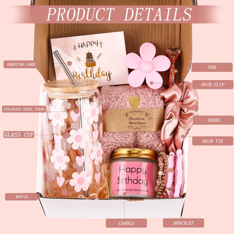 DHQH Birthday Gifts for Teen, Cute Inspirational Gift Daisy Presents Set Ideas for Sister Daughter Friends, Happy Birthday Gift Basket with Ice Glass Cup for Her (Pink) - Image 3