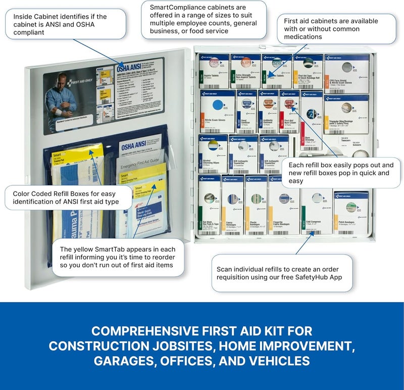 First Aid Only 746000 SmartCompliance 50Person ANSI A and OSHA Compliant First Aid Kit for Business Large Metal First Aid Cabinet with Medications 241 Pieces - Image 3