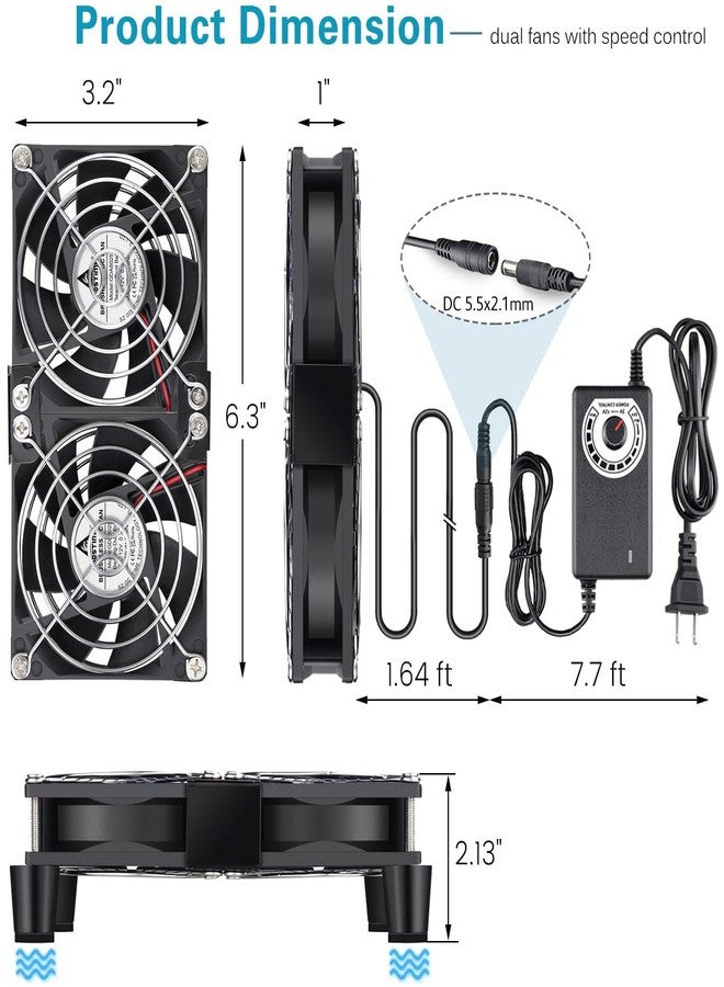 GDSTIME Small Dual 80mm Computer Fan with AC Plug Variable Speed Controller,100V-240v AC to 12v DC for Modem Router Receiver DVR Playstation Xbox Mini PC Case AV Cabinet Cooling - Image 5