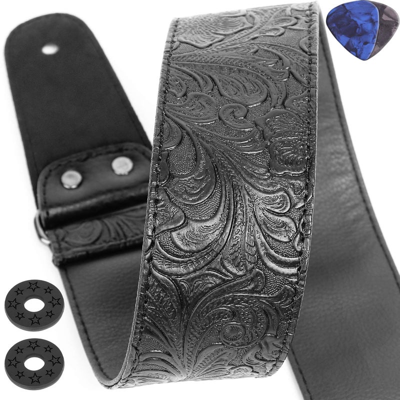 Anwenk Guitar Strap, Printed Leather Guitar Strap PU Leather Western Vintage 60's Retro Strap with Genuine Leather Ends for Electric Bass Guitar,Wide Adjustment Range, with Tie,Include 2 Picks,Black - Image 1