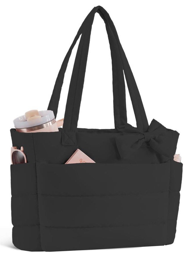 CTWWFS Puffer Tote Bag for Women, Quilted Bow Tote Bag with Cup Holder & 15.6 In Laptop Compartment for Work, Travel, Gym, College, Black, Medium, Fashion - Image 1