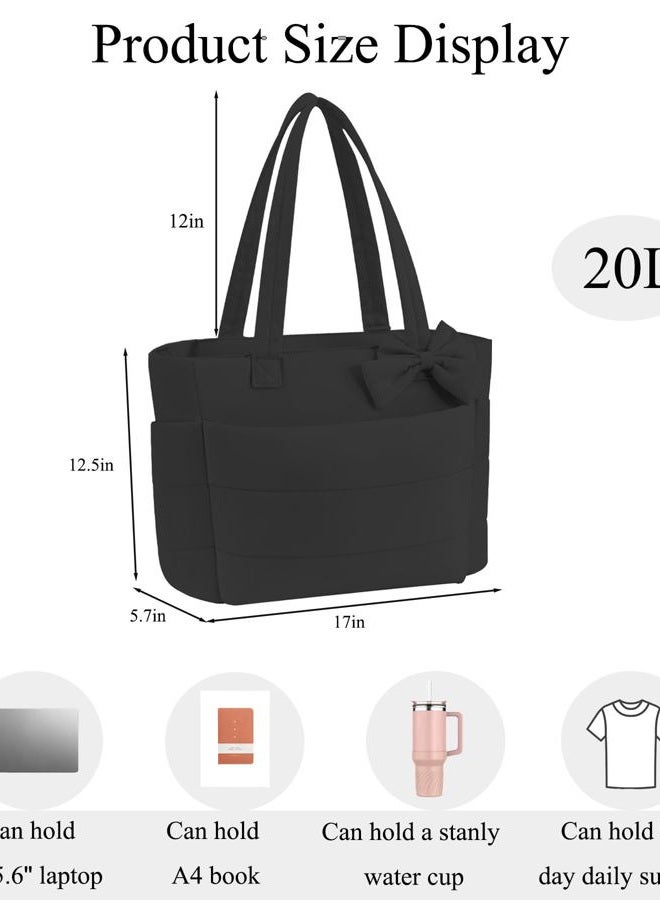 CTWWFS Puffer Tote Bag for Women, Quilted Bow Tote Bag with Cup Holder & 15.6 In Laptop Compartment for Work, Travel, Gym, College, Black, Medium, Fashion - Image 3