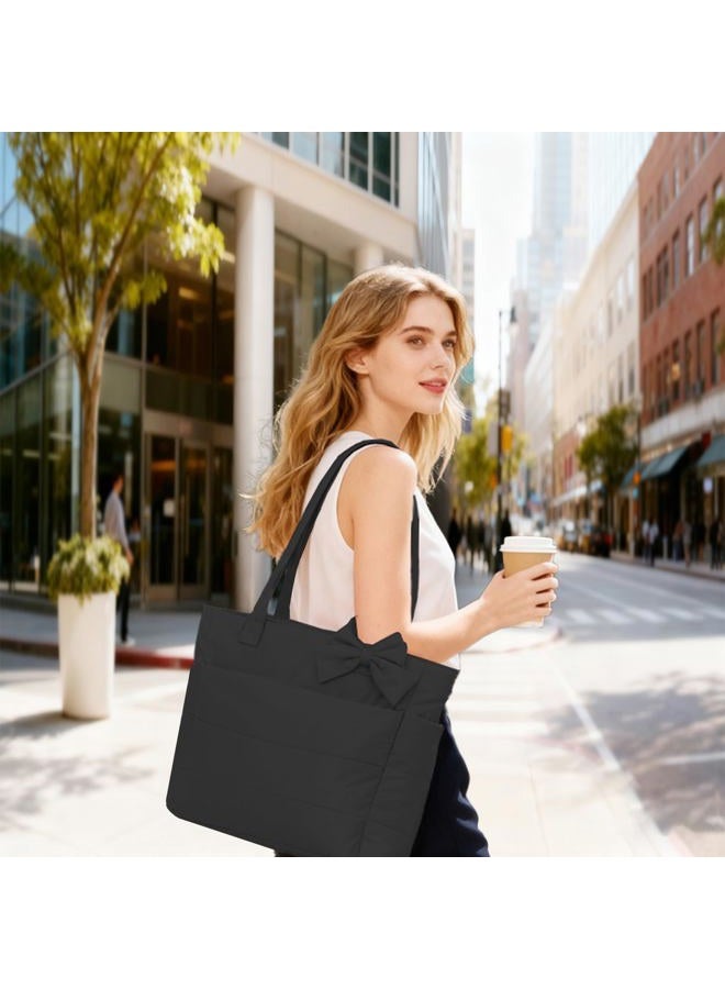 CTWWFS Puffer Tote Bag for Women, Quilted Bow Tote Bag with Cup Holder & 15.6 In Laptop Compartment for Work, Travel, Gym, College, Black, Medium, Fashion - Image 2