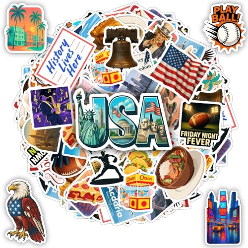 BETANAS 100 PCS USA Travel Stickers Pack American Quotes Food Culture Vinyl Waterproof Decals for Laptop Water Bottle Scrapbook Hard Hat Car Gift for Teens Adults Men Women - Image 1