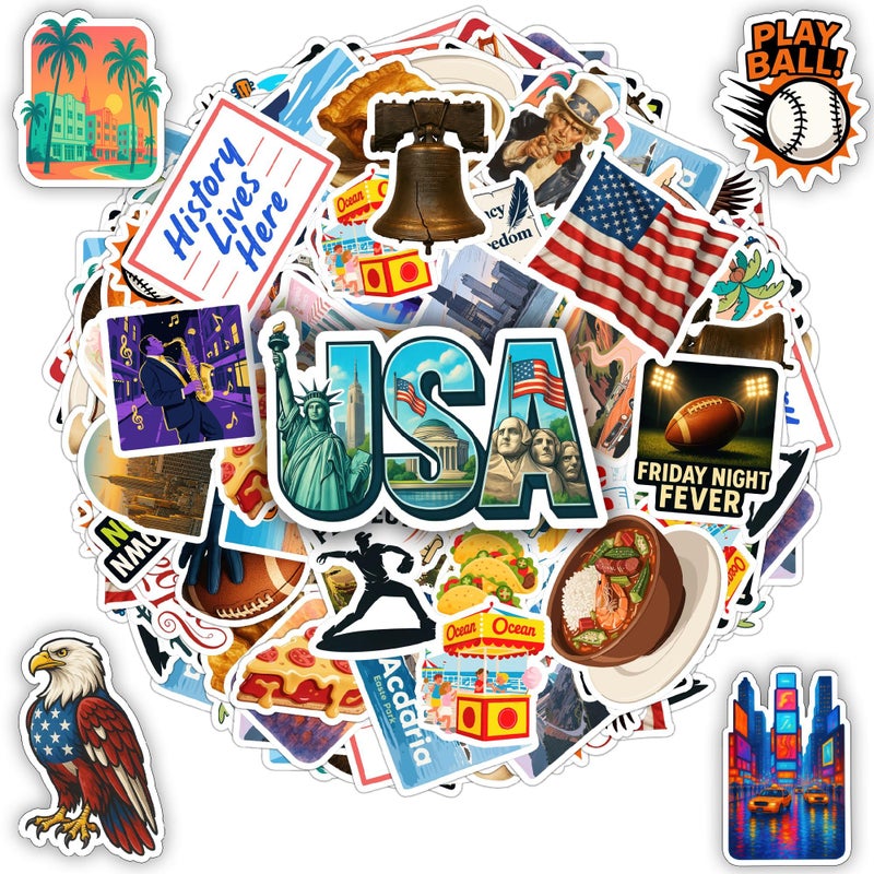 BETANAS 100 PCS USA Travel Stickers Pack American Quotes Food Culture Vinyl Waterproof Decals for Laptop Water Bottle Scrapbook Hard Hat Car Gift for Teens Adults Men Women - Image 3