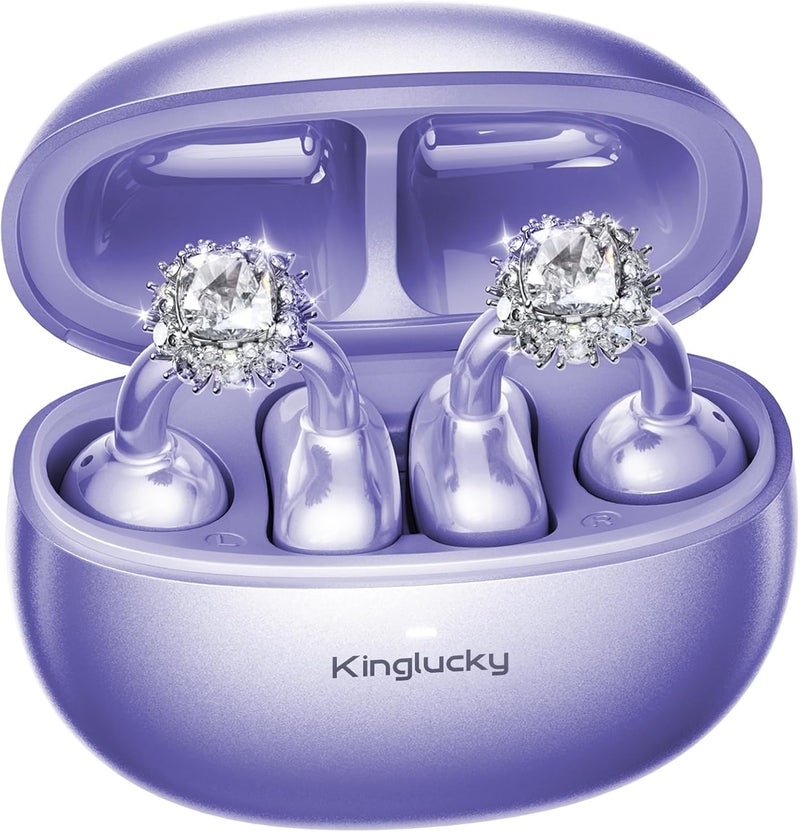 Kinglucky سماعات أذن كينج لوكي المستوحاة من المجوهرات القابلة للتثبيت مع أقراط ألماس، مقاس مريح ووقت تشغيل 40 ساعة، سماعات رأس لاسلكية مفتوحة بلوتوث 5.4 للنساء، للأذن الصغيرة والرياضة والتمارين (أرجواني) - Image 1