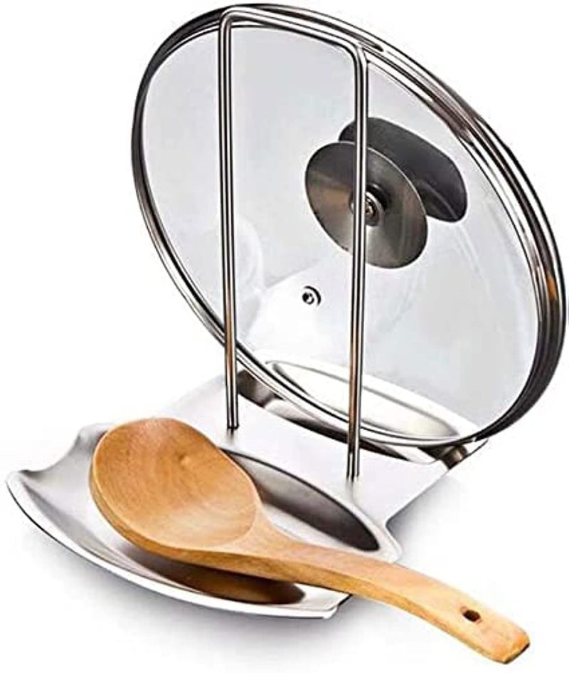 Lid and Spoon Rest, Stainless Steel Pan Pot Cover Lid Rack Stand Spoon Rest Stove Organizer Storage Soup Spoon Holder for Home Kitchen and Bar Tools - Image 1