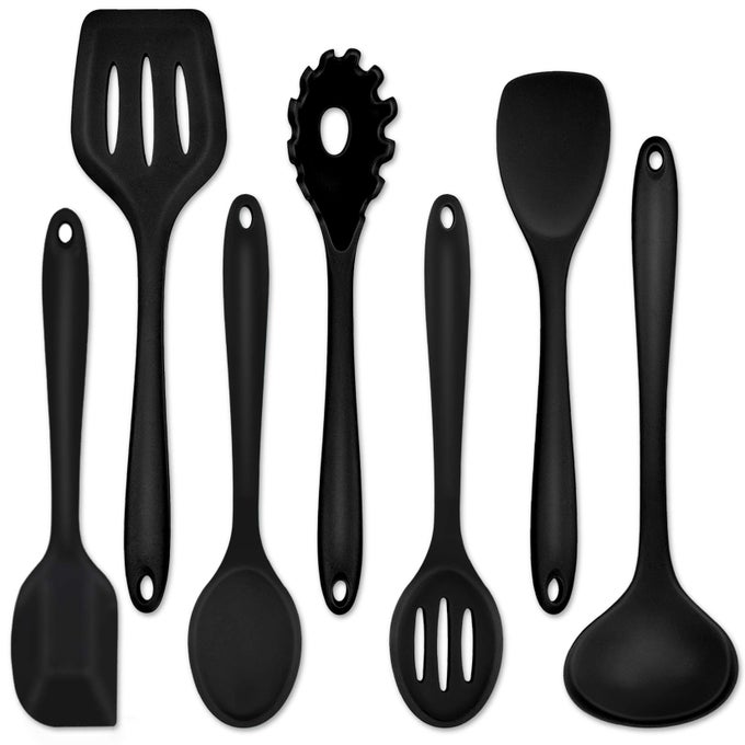PP CHEF SILICONE COOKING UTENSILS SET OF 7 HEATPROOF KITCHEN UTENSILS SET FOR NONSTICK COOKWARE NONSTICK SPATULA SLOTTED TURNER SOUP LADLE PASTA SERVER SPOON FOR COOKING SERVING BLACK
