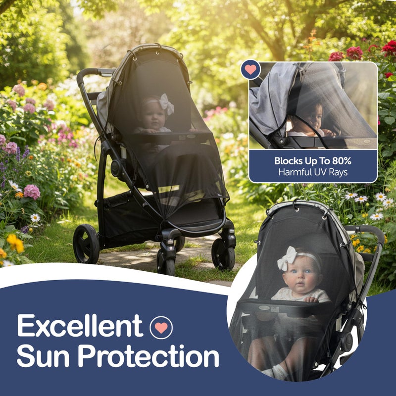 IntiMom Stroller Sun Shade - Universal UV Protection Cover for Strollers Sunshade with See Through, Clip-On Sun Blocker, Sun Shield for Baby, Breathable Adjustable Fit, Full Coverage, XL Black - Image 2