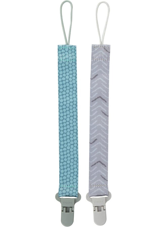 Nuby Pacifinder Baby Pacifier Clip - (2-Pack) - Pacifier Holder Clip with Convenient Hook Loop - Green Dots and Gray Arrows - Image 1