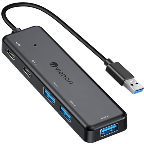 VIENON USB 3.0 Hub 5 in 1, USB Extender with USB C Power & Data Ports for Laptop/PC, Multiport USB Dock for MacBook, Mac Pro, Mac mini, iMac, Surface Pro, XPS - Image 1