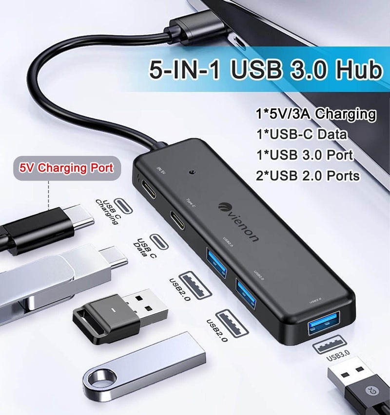 VIENON USB 3.0 Hub 5 in 1, USB Extender with USB C Power & Data Ports for Laptop/PC, Multiport USB Dock for MacBook, Mac Pro, Mac mini, iMac, Surface Pro, XPS - Image 2