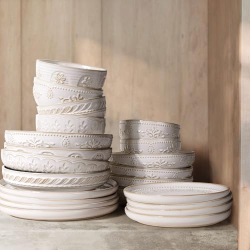 Artena Pasta Bowls, 50oz Large Salad Serving Bowls, 9.75'' Plates Bowls Set of 4, Big White Ceramic Soup Bowls for Kitchen, Embossment Shallow Dinner Bowl, Microwave Dishwasher Safe, Multiple Patterns - Image 4