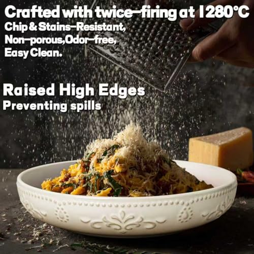 Artena Pasta Bowls, 50oz Large Salad Serving Bowls, 9.75'' Plates Bowls Set of 4, Big White Ceramic Soup Bowls for Kitchen, Embossment Shallow Dinner Bowl, Microwave Dishwasher Safe, Multiple Patterns - Image 5