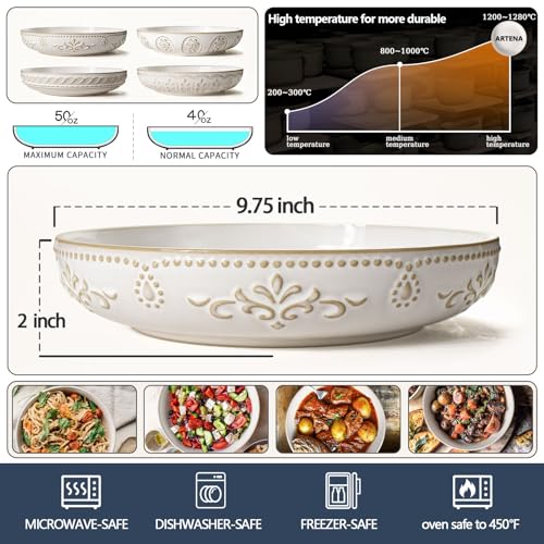 Artena Pasta Bowls, 50oz Large Salad Serving Bowls, 9.75'' Plates Bowls Set of 4, Big White Ceramic Soup Bowls for Kitchen, Embossment Shallow Dinner Bowl, Microwave Dishwasher Safe, Multiple Patterns - Image 3