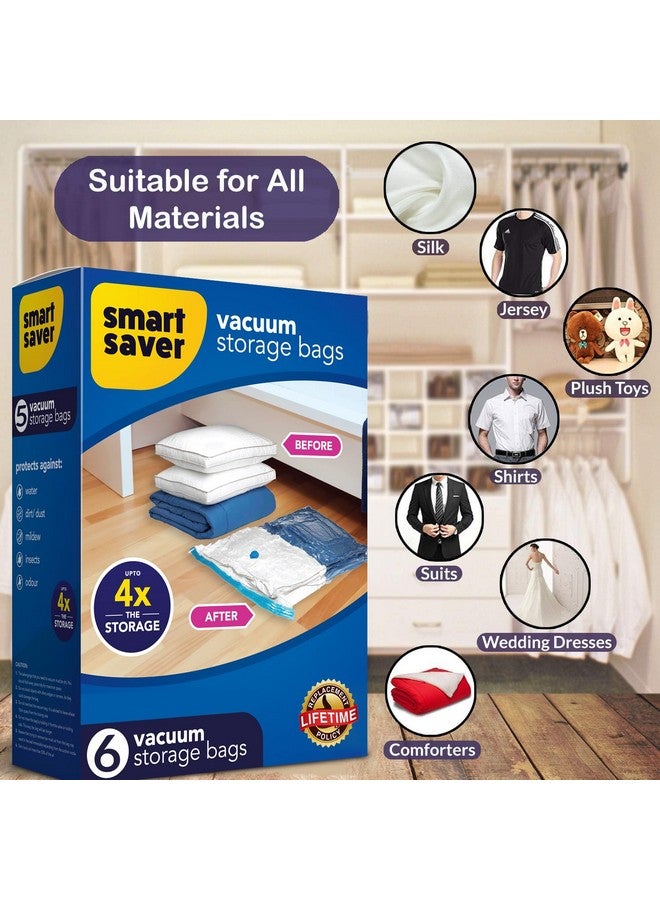 Smart Saver حقائب تخزين فراغ كبيرة من سمارت سيفر بولي إيثيلين 6 قطع لتوفير المساحة، حقائب ضغط لتخزين الملابس، الأغطية، البطانيات للسفر، محكمة الإغلاق، قابلة لإعادة الاستخدام، حقيبة زيب لوك بحجم (60x80 سم، شفافة) - Image 4