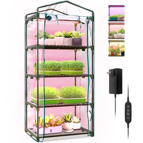 Bstrip Indoor Greenhouse with Grow Lights, 4 Tier 27.2" L×19.9" W×61.8" H Mini Greenhouse with Zippered PVC Cover for Seed Starting Trays, Dimmable 2FT 60W Plant Light for Indoor Plants with Timer - Image 1