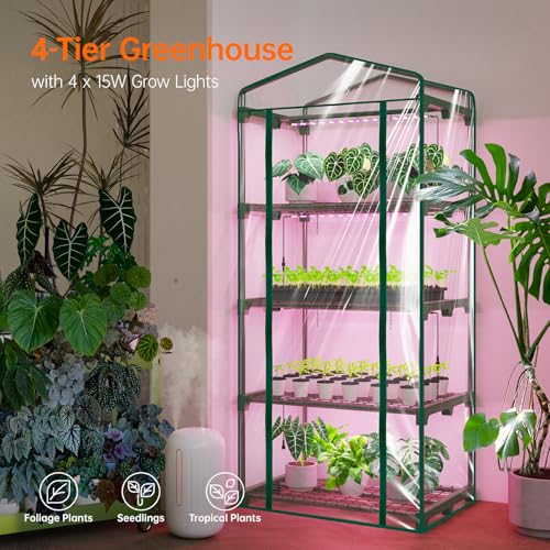 Bstrip Indoor Greenhouse with Grow Lights, 4 Tier 27.2" L×19.9" W×61.8" H Mini Greenhouse with Zippered PVC Cover for Seed Starting Trays, Dimmable 2FT 60W Plant Light for Indoor Plants with Timer - Image 4