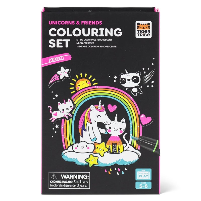 Tiger Tribe Neon Coloring Set for Kids Unicorns Friends with Stickers Neon Markers Portable MessFree Art Activity Ideal Gift for Kids Age 5 Creative Fun - Image 2