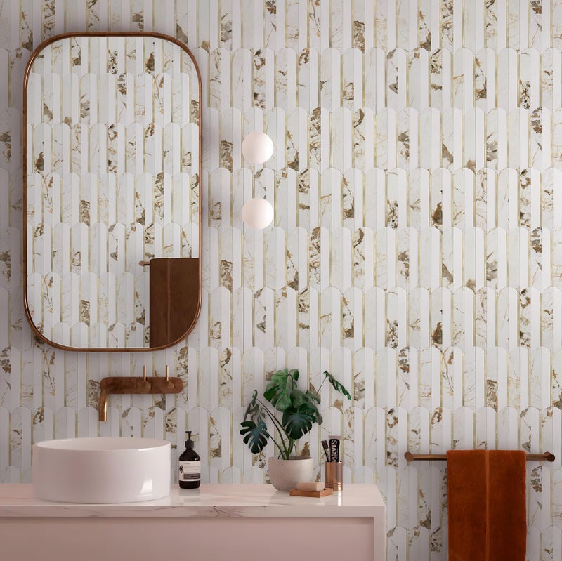 Vamos Tile Peel and Stick Backsplash Seamless Tile,10 Sheets Stick on Backsplash for Kitchen and Bathroom, 12''x12'' White Marble Look PVC Mixed Metal Gold Self Adhesive Fish Scale Mosaic Wall Tiles - Image 5