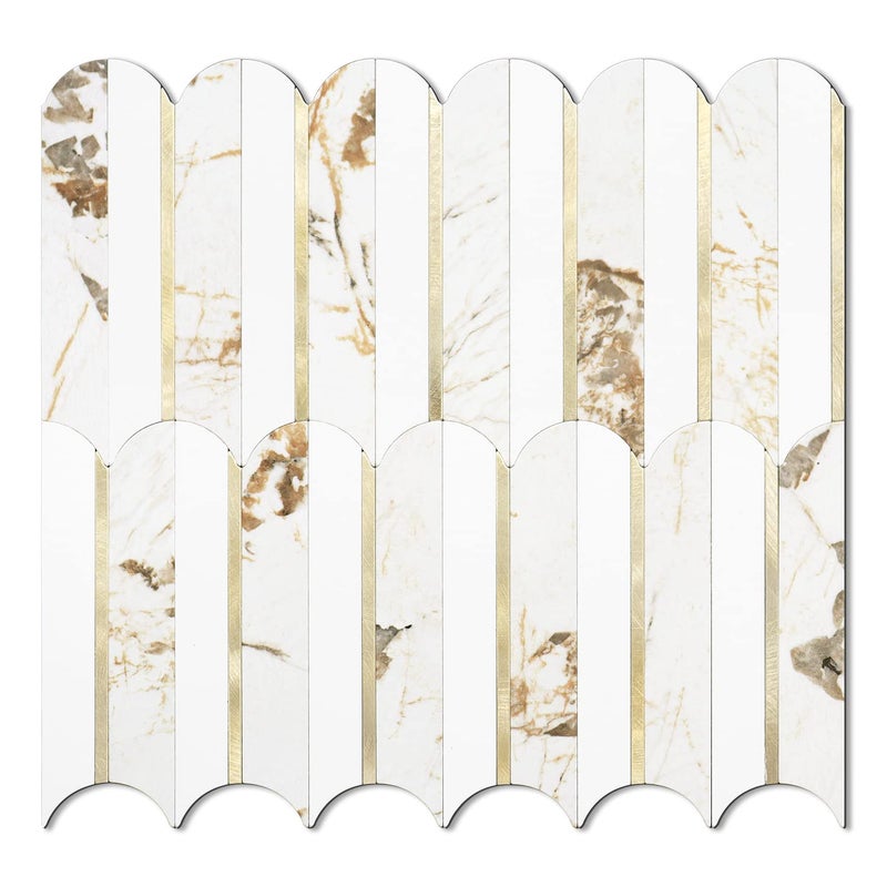 Vamos Tile Peel and Stick Backsplash Seamless Tile,10 Sheets Stick on Backsplash for Kitchen and Bathroom, 12''x12'' White Marble Look PVC Mixed Metal Gold Self Adhesive Fish Scale Mosaic Wall Tiles - Image 1