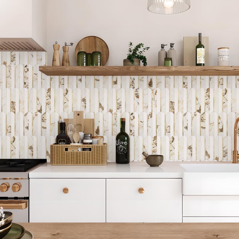 Vamos Tile Peel and Stick Backsplash Seamless Tile,10 Sheets Stick on Backsplash for Kitchen and Bathroom, 12''x12'' White Marble Look PVC Mixed Metal Gold Self Adhesive Fish Scale Mosaic Wall Tiles - Image 3